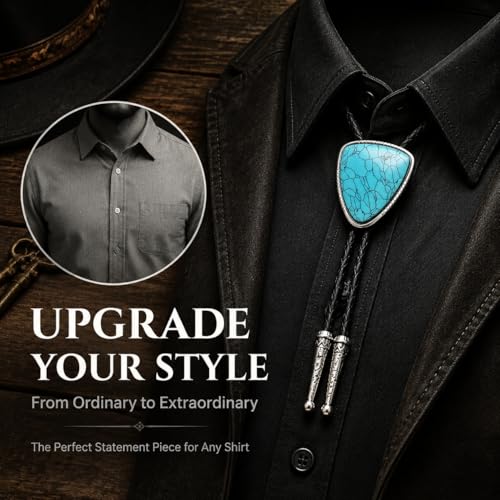 Image of Turquoise Bolo Tie for Men, Leather Braided Necktie Western Cowboy Bola Tie Costume Accessories for Men Women