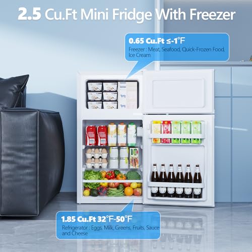Image of Electactic 2.5 Cu.Ft Mini Fridge with Freezer, Double-Door Compact Refrigerator, Adjustable Glass Shelves, Mechanical Thermostat & Leveling Feet, Space-Saving for Apartment /Dorm /Office, White