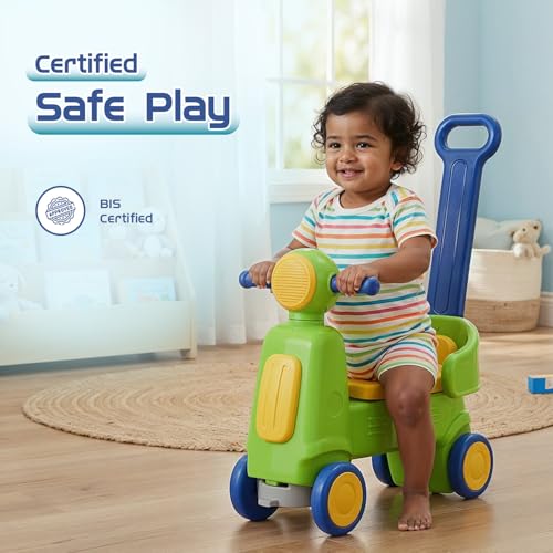 Image of Amazon Brand - Jam & Honey 3-in-1 Toddler Ride-On Scooter & Rocker with Parental Handle | 18+ Months | Detachable Balance Board | Wide Stable Wheels | BIS Certified | Green & Blue