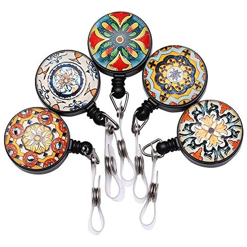 Purida Name Badge Reel,ID Badge Reels with Belt Clip, Retractable Badge Reel, Nurse Badge Reel, 5 Assorted Patterns Decorative, 5 Pack, Tile Cover