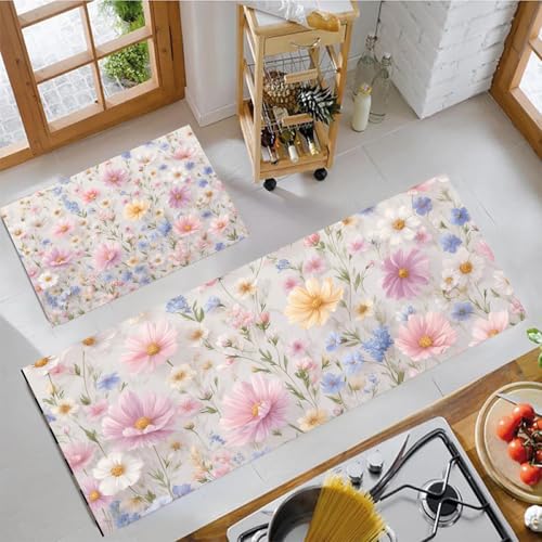 Alfombras de cocina lavables con estampado rosa de flores 2