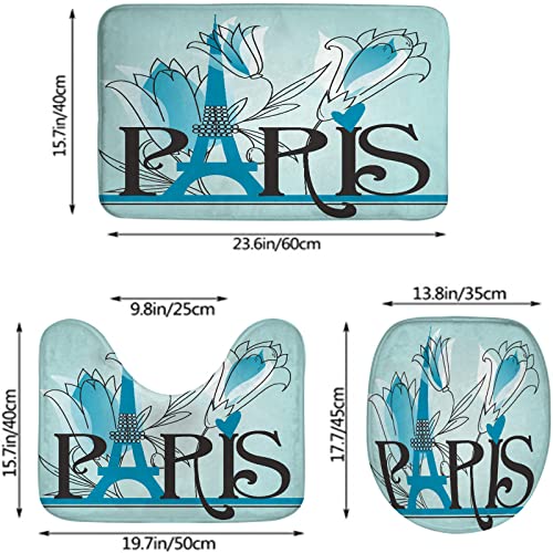 Badezimmerteppich-Set, 3-teilig, florales Pariser Eiffelturm-Thema, waschbare Badteppiche, rutschfest, mit Rückenpolster, Konturteppich und Toilettendeckelbezug – Bild 3