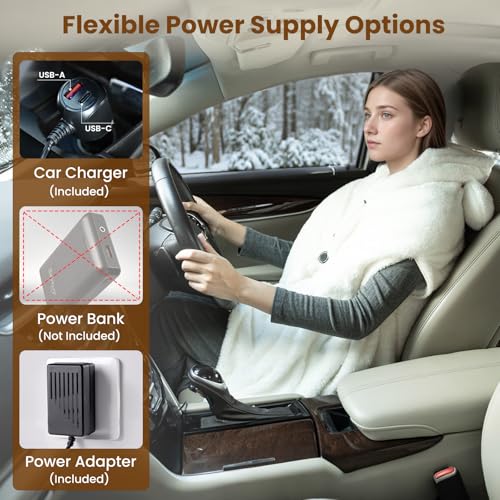 Image of Bearbug Cordless Heated Blanket 50 inch x 70 inch, Portable Wearable Electric Heated Blanket Shawl Hoodie Battery Operated with Car Charger, DC Adapter, 3 Heating Level, Machine Washable