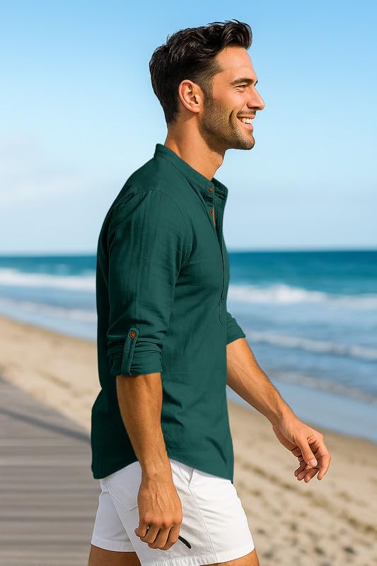 Image of Macsivo Men's Cotton Blend Solid Short Kurta with Mandarin Collared Full Sleeve Drawstring Stylish Straight Length | Kurta for Men Stylish