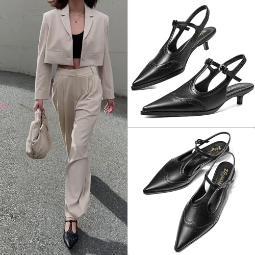 ErikenUrben Low Kitten Heels for Women Elegant Pointed Toe T-Strap Slingback Pumps Buckle3