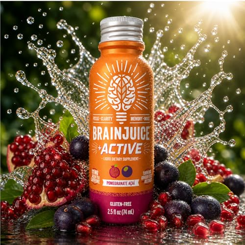 Image of BrainJuice Brain Support Shot, Gluten Free Supplement Shots for Energy & Focus, Healthy Drinks with Alpha GPC, Vitamin B, 2.5 fl oz, 12 Pack (Active Pomegranate Acai)