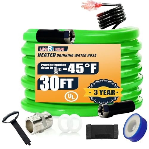 30FT Heated Water Hose for RV Drinking Water -45F Freeze Protection & Antifreeze Garden Hose Lead/BPA Free with Self-Regulating Heater 3/4 Adapter & glowing plug for RV Camper Home Winter