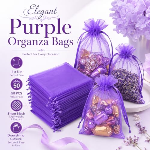 Image of Hopttreely Purple Organza Bags 4x6 in, 50PCS Drawstring Organza Bags, Sheer Mesh Jewelry Pouches, Lavender Wedding Party Festival Gift Bag Candy Pouches for Mother's Day, Party Favors