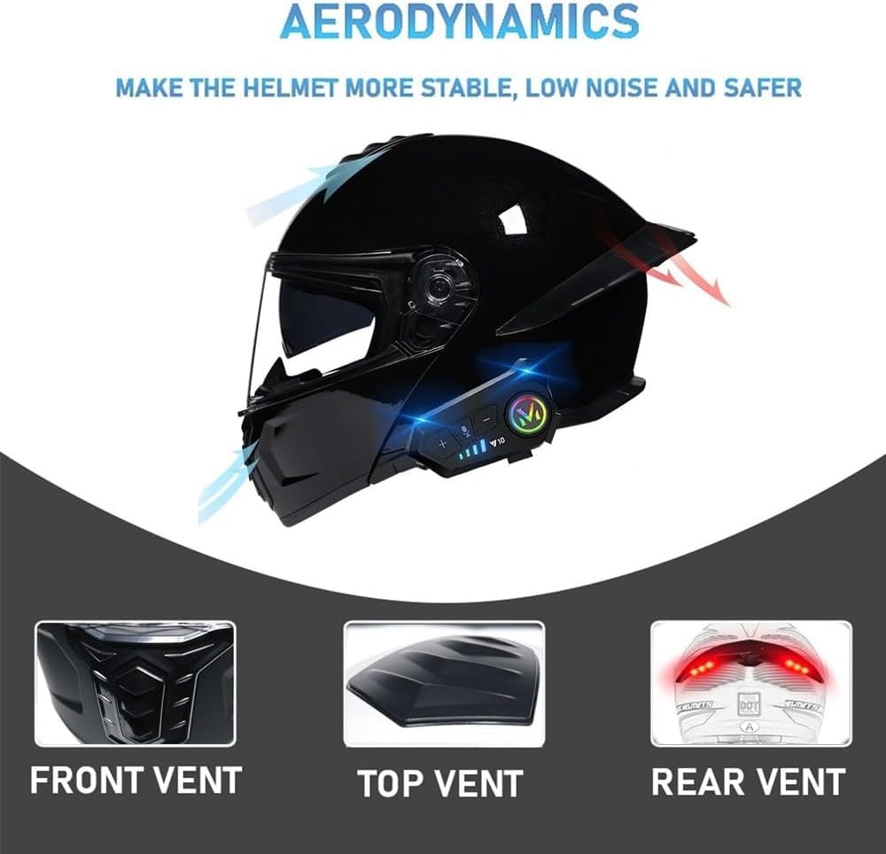 Casco da Moto modulare Bluetooth con Luce Posteriore, Casco da Moto con Doppia Visiera Integrata omologato ECE/DOT, Doppi Altoparlanti e Microfono, per Adulti, Uomini e Donne G,XXL=61-62cm