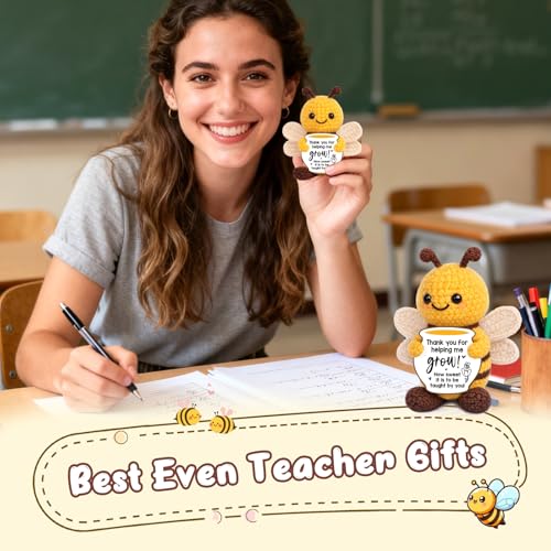 Image of Mini Teacher Appreciation Gifts for Women Men Back to School Teacher Gifts | Thank You Gifts for Teacher Coworker Positive Handmade Crochet Bee Birthday Retirement Office Gift Fall Desk Decor
