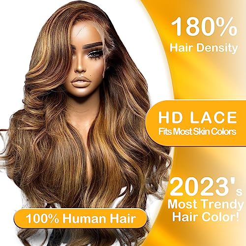 Ombre Lace Front Wig Human Hair 26 Inch 180% Density Body Wave Human Hair Wig P4/27 Highlight 13X4 Hd Transparent Lace Front Glueless Wigs For Black Women Human Hair Pre Plucked Full And Thick（26） #TOP1