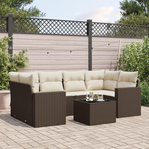 QJBSAVVA 7-teiliges Braun Rattan Garten Lounge Set
