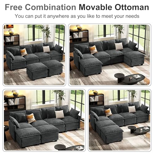 Image of 107 inch Cloud Couch Sectional Modular Sofa, Deep Seat Couches with Ottoman and Removable Washable Pillows for Living Room, Bedroom, Apartment, Black