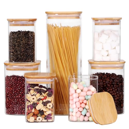 LEAVES AND TREES Y Glass Storage Canister with Wooden Lid, Set of 7 Square Glass Jars with Bamboo Lids, Glass Food Storage Containers for Pasta, Cereal, Flour, Sugar, Best for Kitchen & Pantry
