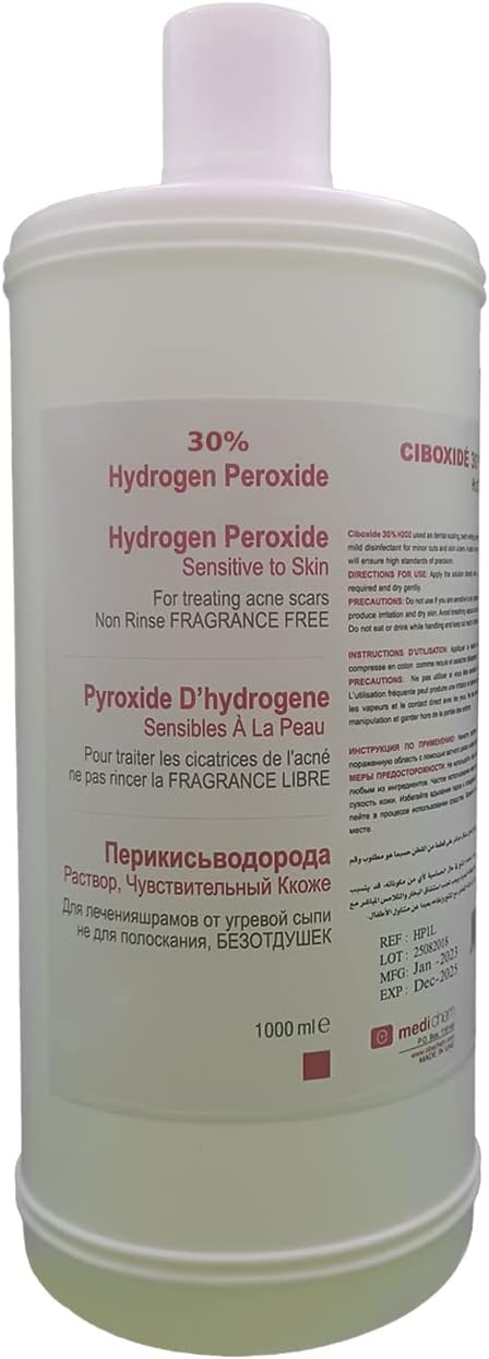 – 30% Hydrogen Peroxide Solution 1000ml Used as Dental Scaling & Teeth Whitening Treating Acne Scars Mild Disinfectant for Cuts & Skin Ulcers