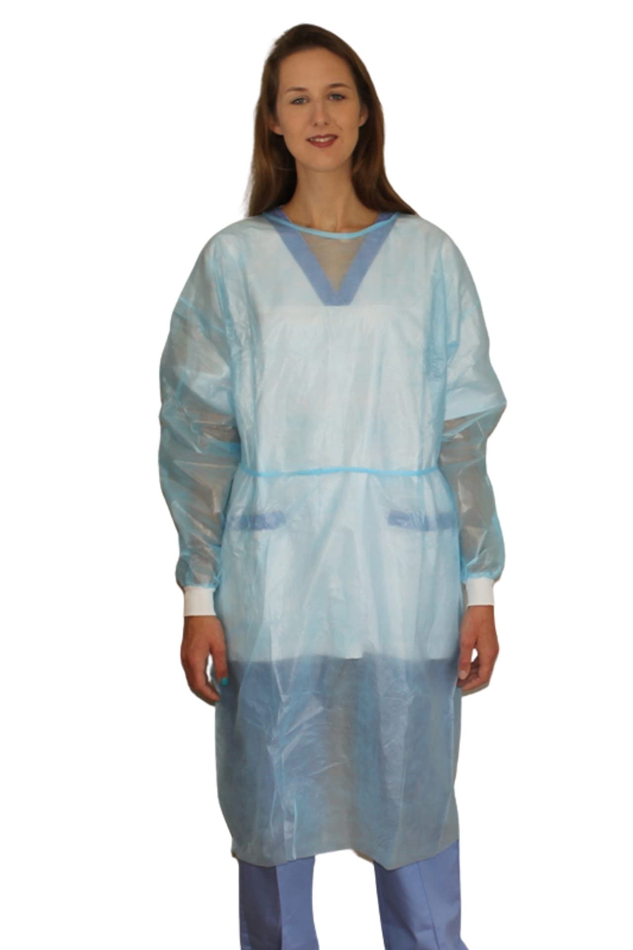 Bata impermeable PP+PE azul desechable de 30 gramos y puño tejido para protección 4
