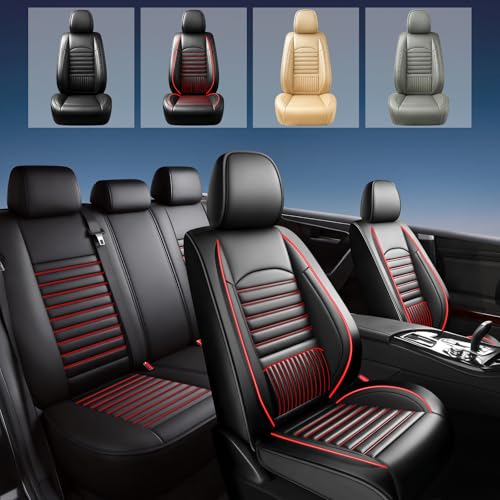 Image of Fit Canyon Car Seat Covers (5 Seats Full Set) Compatible with GMC Canyon 2015-2025 2026-Full Coverage Breathable Leather, Airbag Compatible, Waterproof & All-Weather, Black+Red