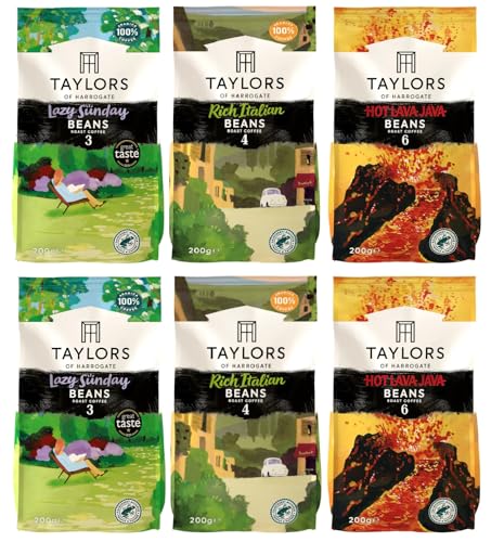 Taylors of Harrogate Coffee Beans Variety Pack 200g (Pack of 6, Total 1.2kg) – Lazy Sunday, Rich Italian & Hot Lava Java