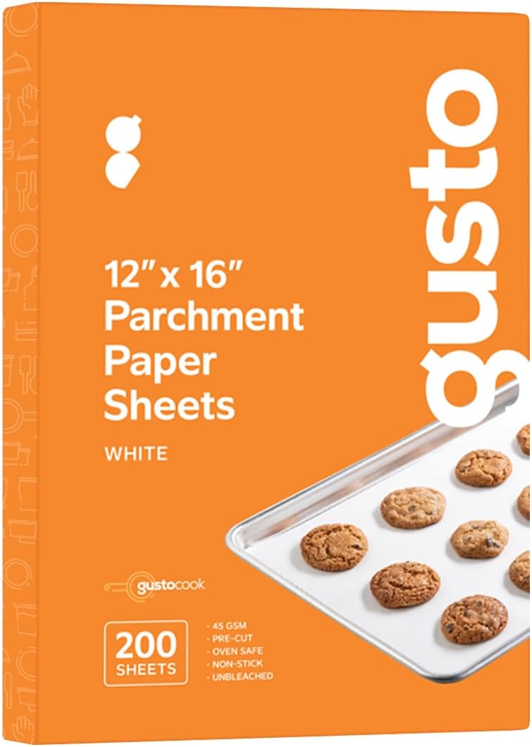 GUSTO [12 x 16 Inch - 200 Count] Pre-Cut Parchment Paper Baking Sheets, Non-Stick, Unbleached, Parchment Paper Sheets for Baking & Cooking - White (Formerly Comfy Package)
