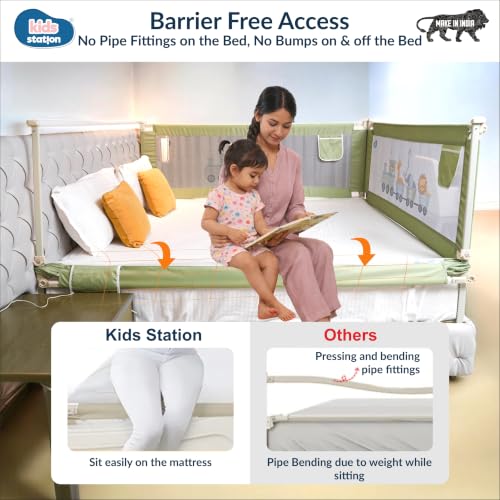 Image of Kids Station Foldable Baby Bed Rail Guard - 28-Level Adjustable Height, 5.3ft (160cm), 1 Side, Made in India (Green, with Pocket)