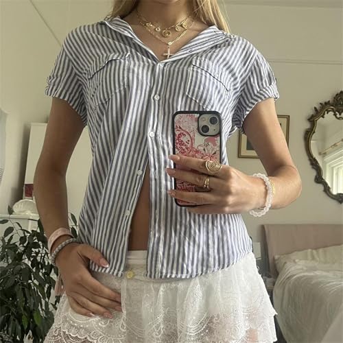 Image of Y2k Girls Vintage Coquette Button Down Shirt Women Short Sleeve V-Neck Slim Fitted T-Shirt Cute Blouse Crop Top