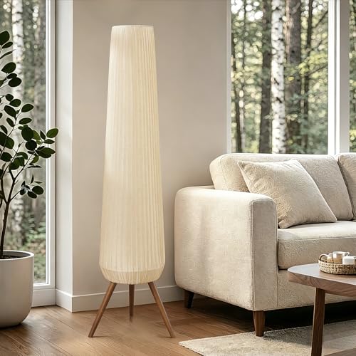 61'' Oatmeal Fabric Pleated Floor Lamp, Walnut Wood Tripod Base - Image 2