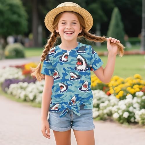 Short Sleeve Front Tie Tops for Girls Summer Crew Neck Shirts with Lace-Up4