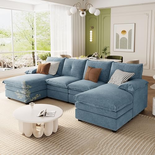 Image of KEFIEERO U-Shaped Modular Sectional Sofa with Adjustable Armrest Pillows, Chenille Fabric Modular Couch for Living Rooms, Offices, and Spacious Spaces (Blue, 115.4")