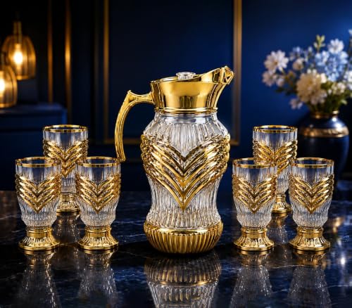 Image of Crystal Golden Water and Juice Glasses Set of 6 and Jug 1 piece Transparent, Glass and Jug Set for Dining Table,Party,Gift Set,All pourpse use Set of 1