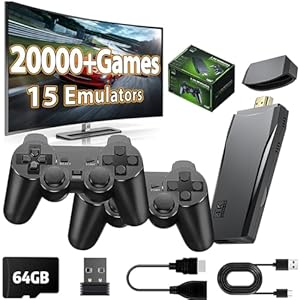 ZeroStory Upgrade Wireless Retro Game Console Stick, Retro Video Game Console Stick Built in 20000+ Games with 15 Emulators, 4K HDMI Output with 2 2.4G Wireless Controllers (Memory Card 64 GB)