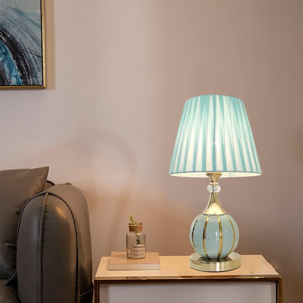 Mengjay Vintage Nachttischlampe mit Kabel,Tischlampe aus Keramik,Moderne Tischleuchte mit Stoffschirm,E27 Fassung,Dekolampe,Leselampe,Nachtlicht für Schlafzimmer, Wohnzimmer,Kinderzimmer (Blau)