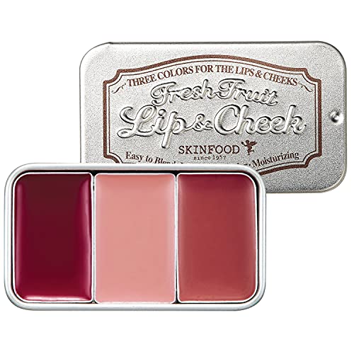 SKINFOOD Fresh Fruit Lip & Cheek Trio - 3-Color Lipstick and Blush Makeup - Korean Cosmetics for Skin, Face, Lips, and Cheeks - Beauty Products with Natural Fruit Extract and Oil - (#06 PLUM)