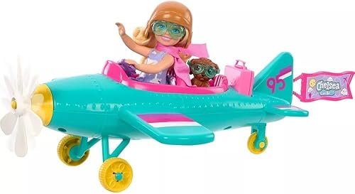 Barbie Chelsea Can Be - Juego de muñeca y avión, avión de 2 plazas con hélice de margarita giratoria y 7 accesorios, incluye cachorro y calcomanías