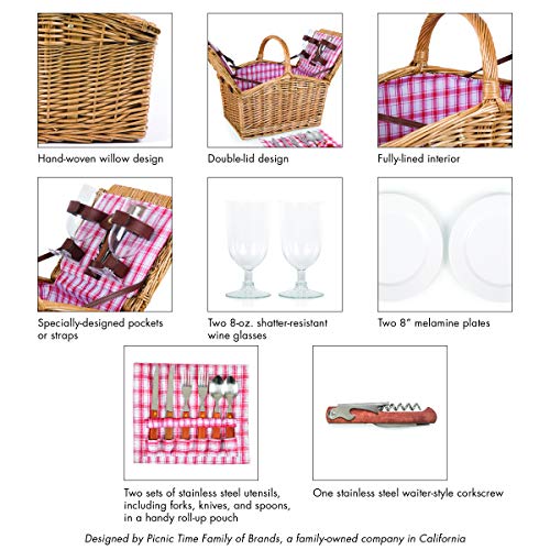 PICNIC TIME Piccadilly Picnic Basket for 2, Romantic Vintage English-Style Wooden Basket, Complete Deluxe Service for Two with Fully-lined Interior and Double-lid Design, (Red & White Plaid Pattern) by PICNIC TIME - Image 8