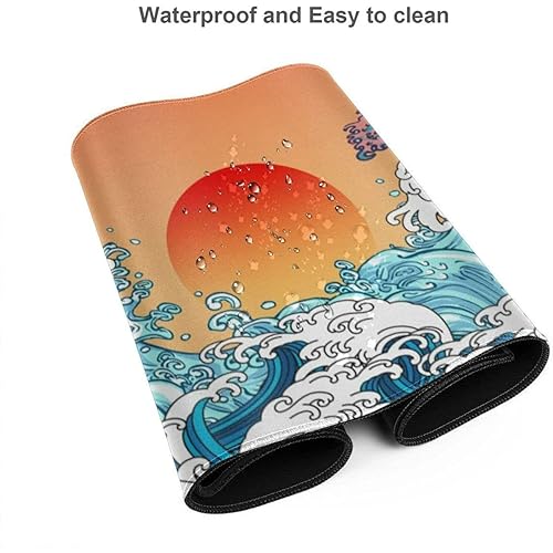 Image of Printed Gaming Mousepad - Premium Stitched Edges, Smooth Surface,Size 11x23 inches, Non-Slip Rubber Base - Ideal for Office & Gaming Setup (Vintage Japanese Ocean Wave Sunrise)
