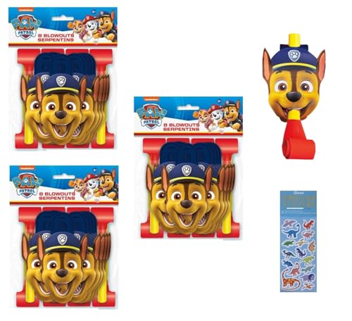 Paw Patrol Birthday Party Supplies Bundle includes 24 Party Blowouts and 1 Dinosaur Sticker Sheet