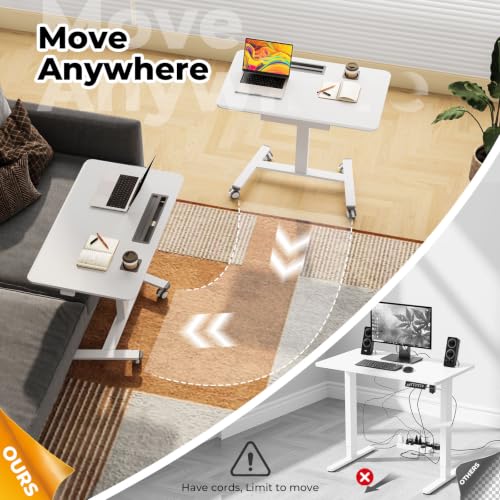 Image of Mobile Standing Desk with Drawer, 40 inchx24 inch Small Standing Desk with Cup Holder, Rolling Laptop Workstaion on Wheels, Height Adjustable Table with Storage for Home Office, White