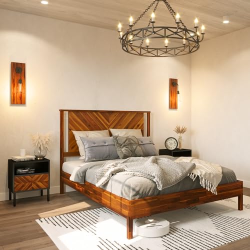 Image of Bme Vivian 14 Inch Deluxe Bed Frame with Headboard, Rustic & Scandinavian Style with Solid Acacia Wood, No Box Spring Needed, 12 Strong Wood Slat Support, Easy Assembly, Queen, Rustic Golden Brown