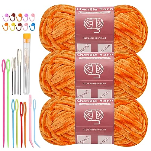 Image of LUNARM Chenille Yarn 3 Pack 3.5oz Chunky Blanket Velvet Yarn 263 Yard | Orange Chunky Chenille Yarn for Beginners Crocheting Hand Knitting Scarves with Big Eye Needles Machine Washable