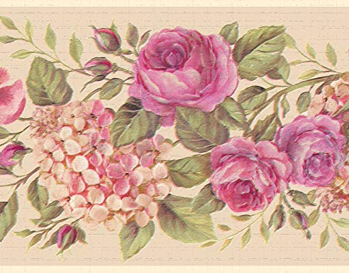 Dundee Deco DDAZBD9064 Frise de papier peint à décoller et à coller – Rose floral, roses en éclosion crème, bordure murale hortensia, design rétro, 4,57 m x 17,78 cm, autocollant