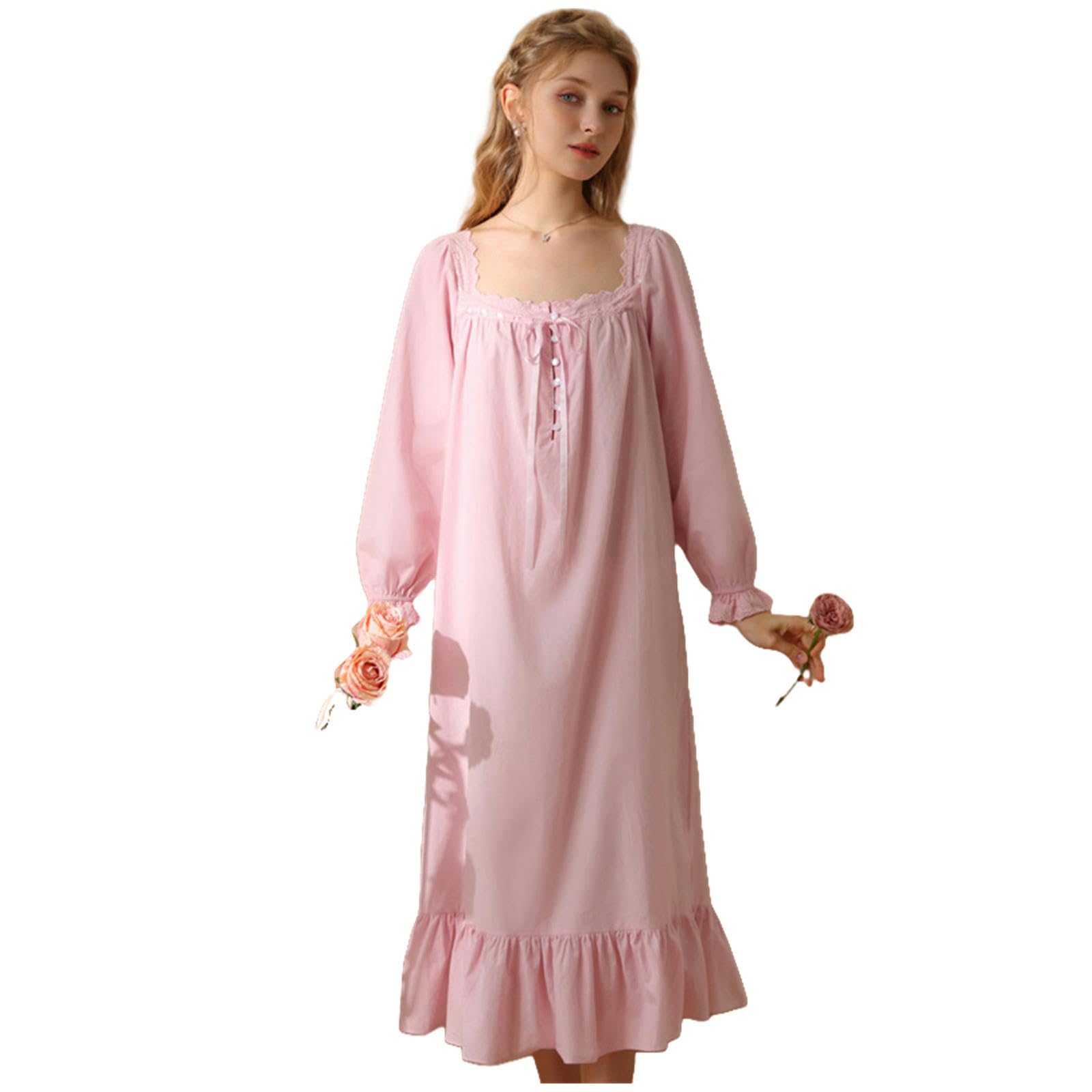 Camicia Notte Donna Palace Princess Style Nightdress Women Spring And Autumn Cotton Long Long Long Long Pigias Donne Plus Size Home-Manica Lunga Rosa-XL