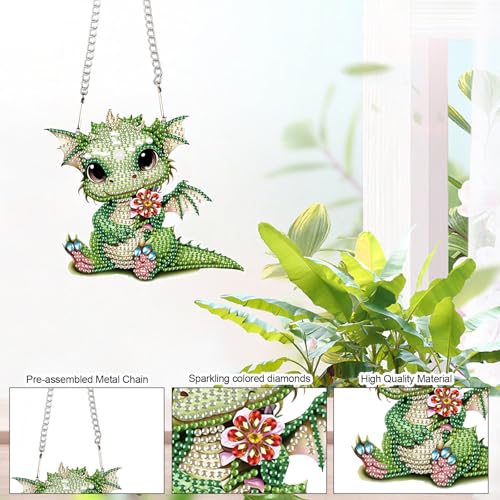 Image of Green Dragon Diamond Painting Kit - 5D DIY Acrylic Pendant with Special Shaped Rhinestones, Cute Fantasy Animal Hanging Ornament for Wall, Window, Door, or Car Mirror Decor, Gift for Adults and Teens