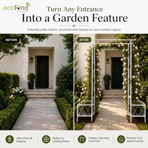 Image of ecofynd 8 Feet High x 5 Feet Wide Graden Arch Plant Stand, Metal Arbor Trellis for Climbing Plants, Backdrop Stand for Outdoor Indoor Wedding Lawn Backyard Party Decoration Items, Patio (GARCH002-WHT)