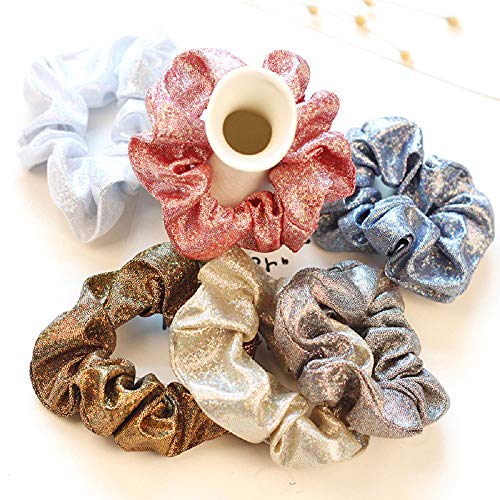 6pcs Shiny Metallic Hair Scrunchies, Women Girls Mermaid Hair Scrunchie Elastics Ponytail Holder Hair Bands Ties Ropes Headwear Hair Accessories for Gym Dance Party Club, Assorted Colors Scrunchies
