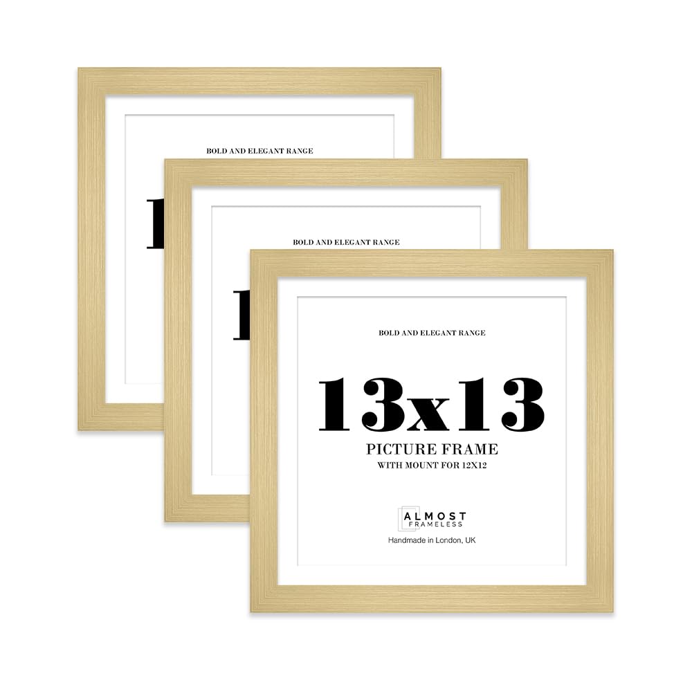 13x13" Gold Square Frame With Mount for 12x12" Pictures 28mm Edge Frame Display with Wall Hooks, 3 Pack