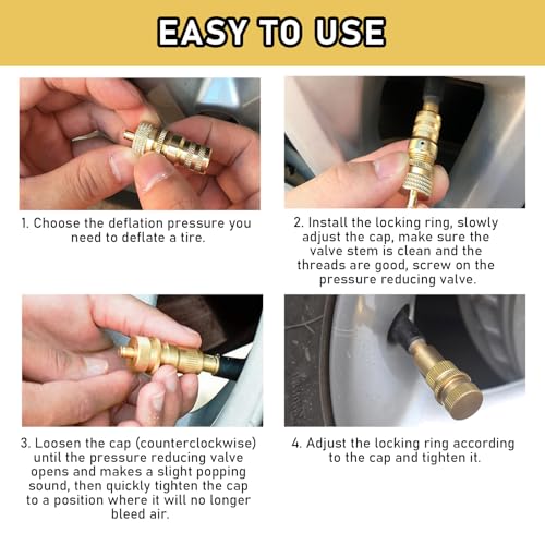 Image of Yourkar 4 PCS Tire Deflator, Adjustable 6-30 PSI Car Tire Deflators Kit, Universal Automatic Air Down Tire Deflator Valve for Vehicles, Motorcycles, Cars, Trucks