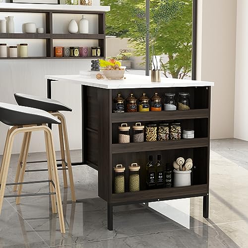 Image of Homsee Modern Brown & White Kitchen Island with Marble Grain Top, 55.1 inchW x 30 inchD x 36 inchH, 2 Drawers & 6 Shelves, Stationary Table for Kitchen & Dining Room