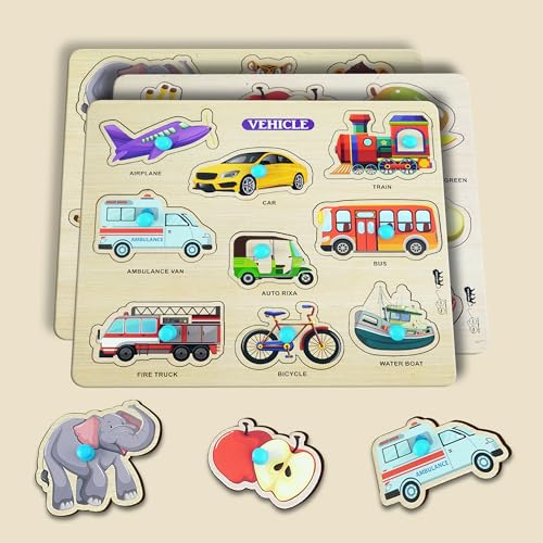 Image of Lefan Wooden Puzzle Combo Set for Kids Vehicle, Fruit & Animal Knob Puzzles Montessori Educational Toy for Toddlers 2 Years+ Fine Motor Skill Learning Wooden Board Toy Gift