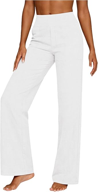 Beessbest Women Cotton Linen Pants Summer Gauze Pants High Waisted Pull On Pant Straight Leg Beach Vacation Pant with Pocket