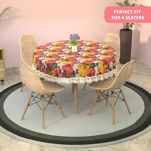 Image of Kuber Industries Polyvinyl Chloride(PVC)60x60 Inches Round Waterproof 4 Seater Dining Table Cover,Durable & Wipeable Centre Table Sheet,Cloth & Protector for Home,Bedroom&Office,Multi Floral,White Red